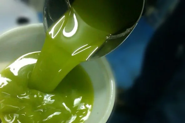 Bottiglia di olio extravergine di oliva nuovo appena spremuto, versato in un bicchiere