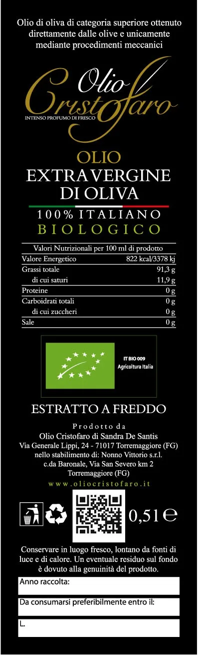 Étiquette d'une bouteille de 0,5 l d'huile d'olive vierge extra